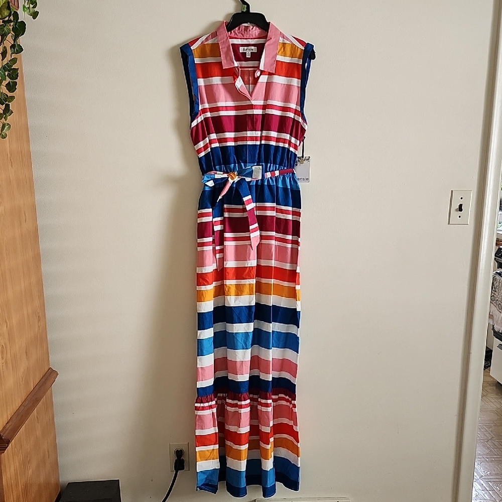 Kensie Multicolor Striped Maxi Dress Womens 12 Preppy Stepford Wives Collared - Picture 1 of 9